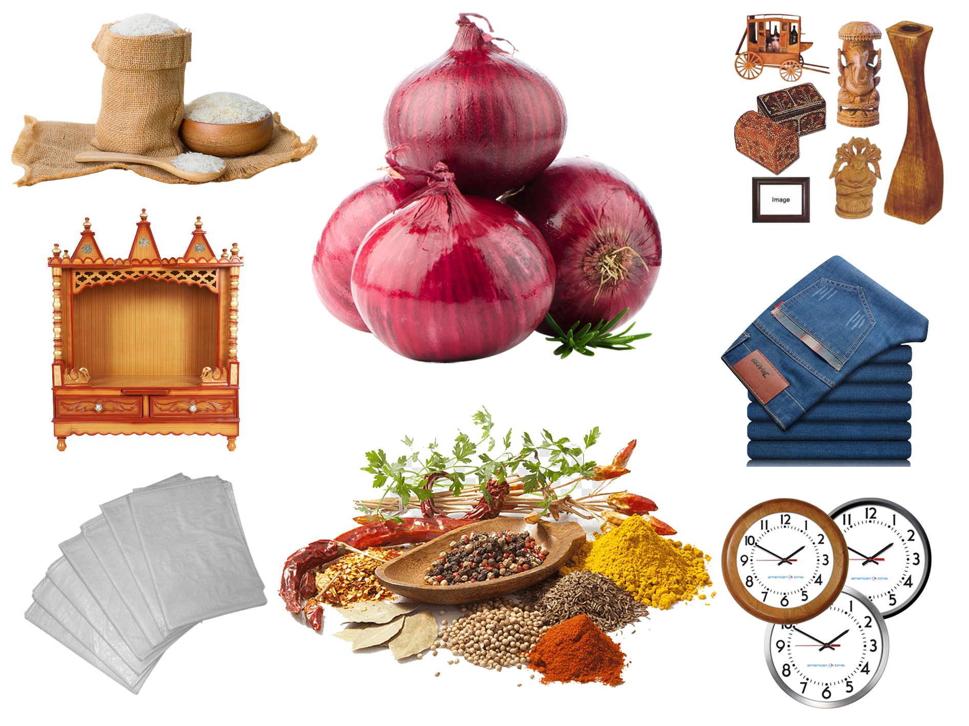 onion basmati & Non basmati rice, handicrafts, wooden temples, Jeans and PP woven Bags. 