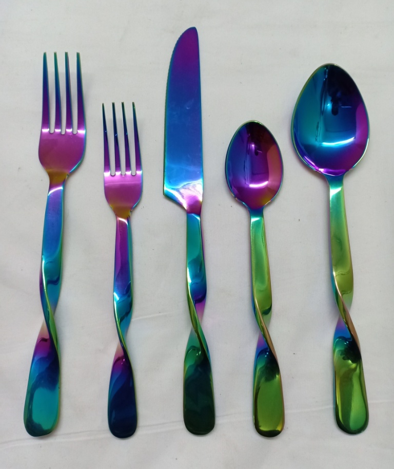 Stainless Steel Rainbow Finish twist handle set of 5 flatware set