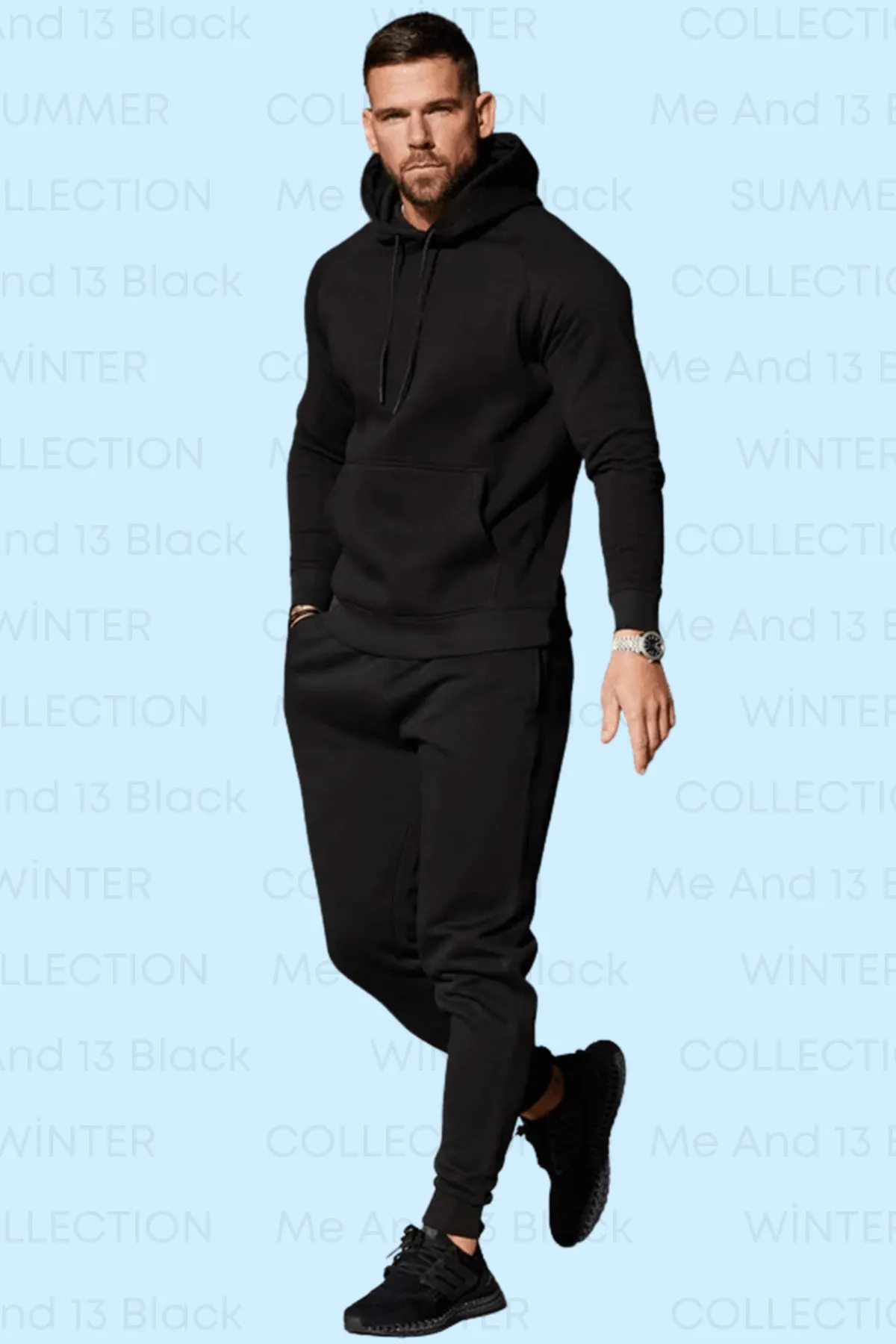 Men's Black Tracksuit Set Bottom Slim Fit Mold Top Fit Hooded