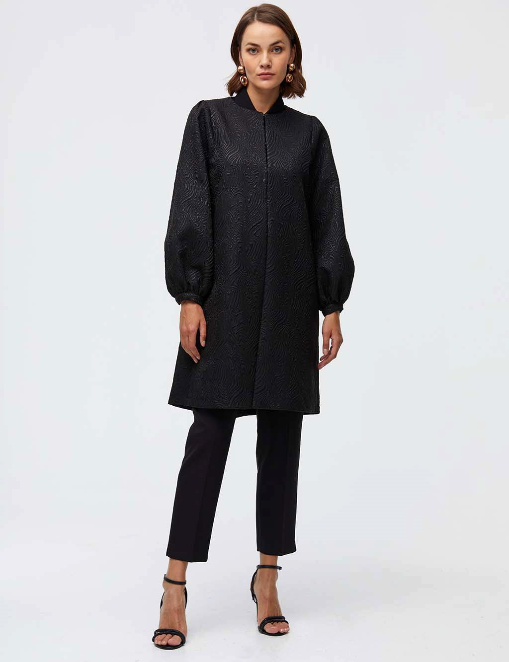 Embossed Patterned Balloon Sleeve Jacket - Black